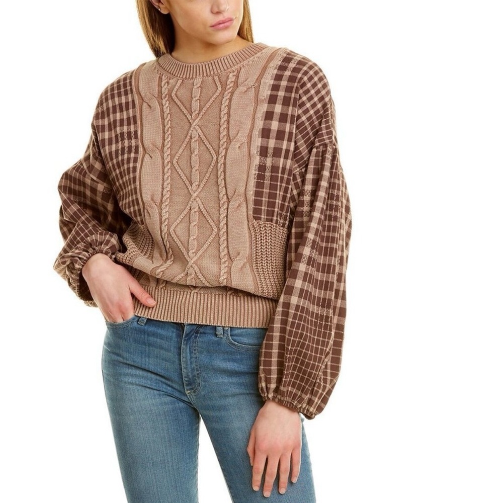 Fate‎ Chunky Fisherman Knit Patchwork Plaid Sweater Boho Cozy Cabincore Western